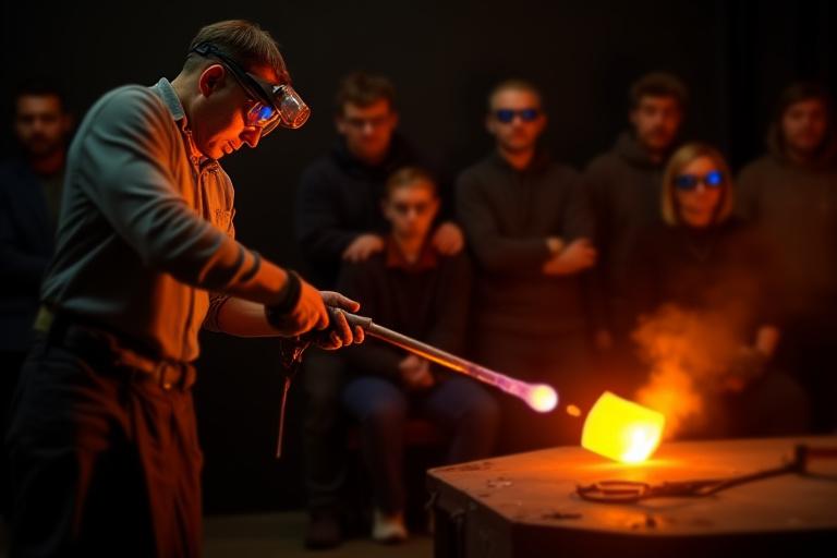 Artisan demonstrating glassblowing technique with molten glass